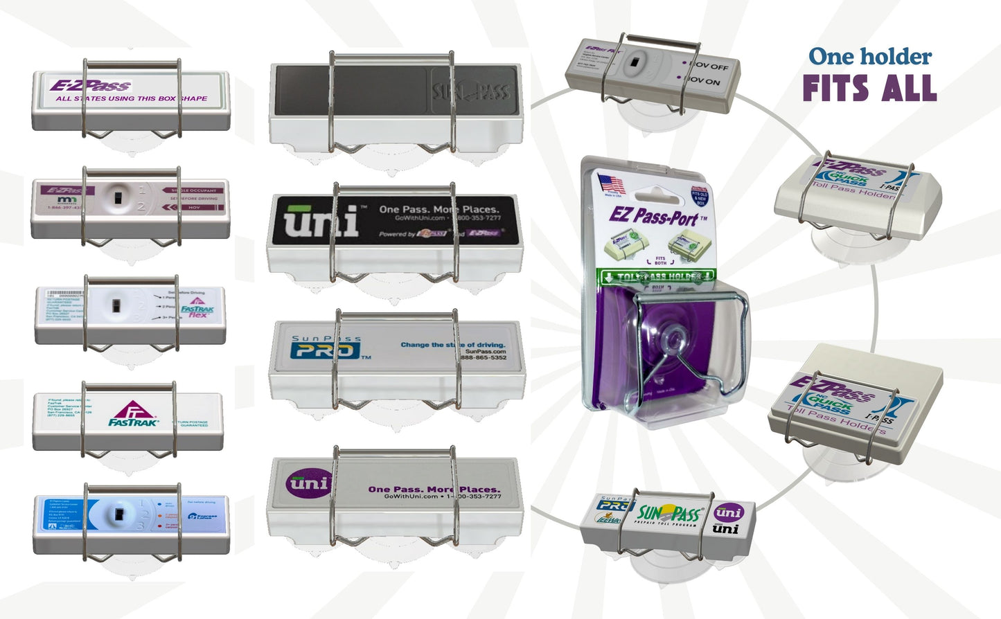 EZ Pass-Port™- UNBREAKABLE Toll Pass Holder for E-ZPass, I Pass, Uni, E-Pass & E-Pass Xtra, Fastrak, NC QuickPass, SunPass & SunPass PRO, Palmetto Pass & more. Patented & Made in USA